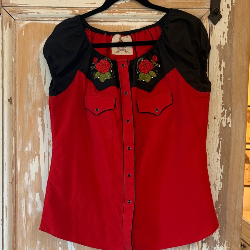 Elegant Red and Black Women's Blouse with Floral Embroidery